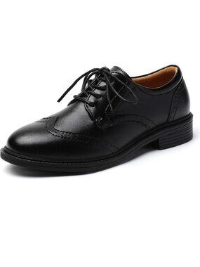 Women's Black Non Slip Round Toe Wingtip Brogues Lace-Up Formal Oxfords Shoes